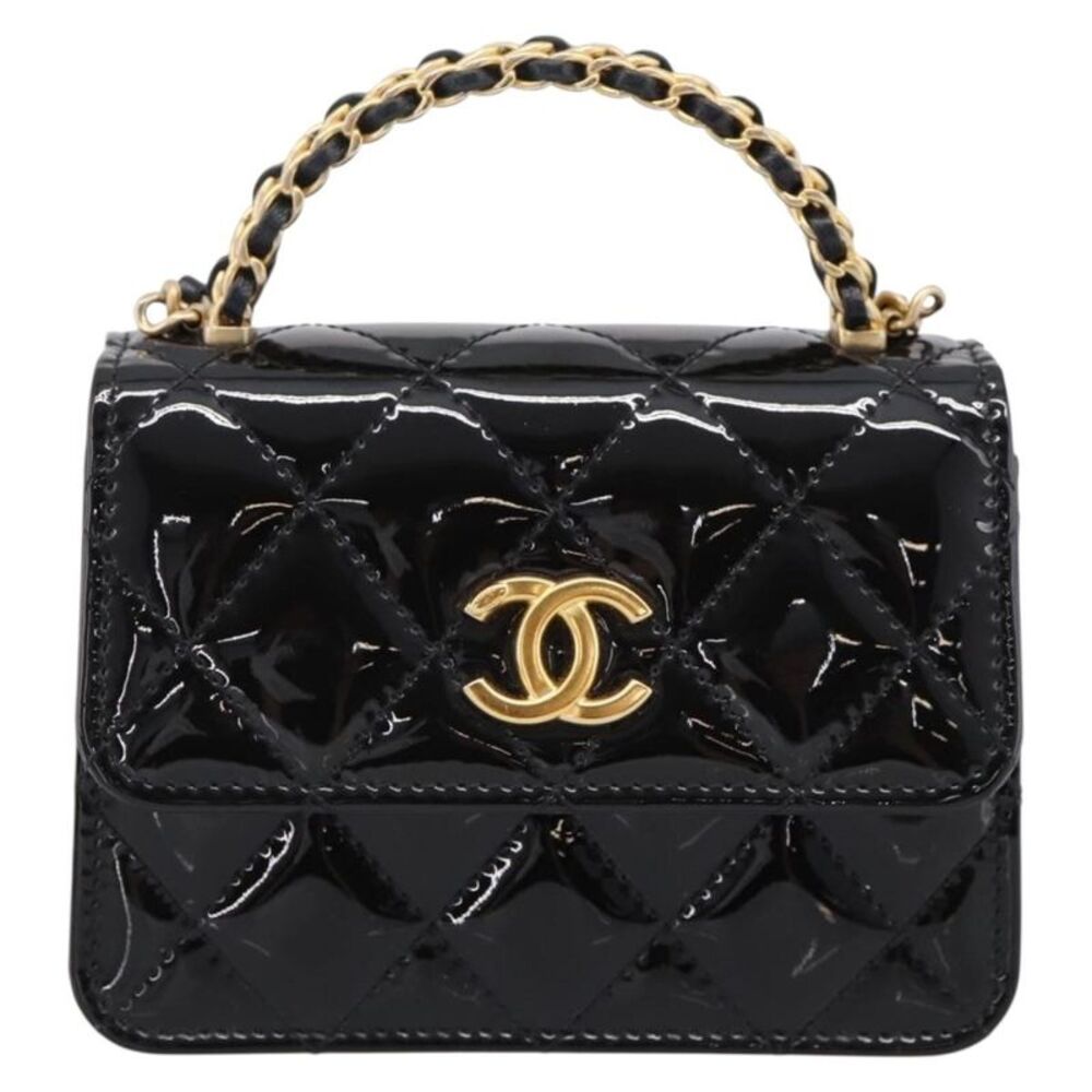 Chanel Woven Top Handle Cc Flap Clutch On Chain Patent Leather Black